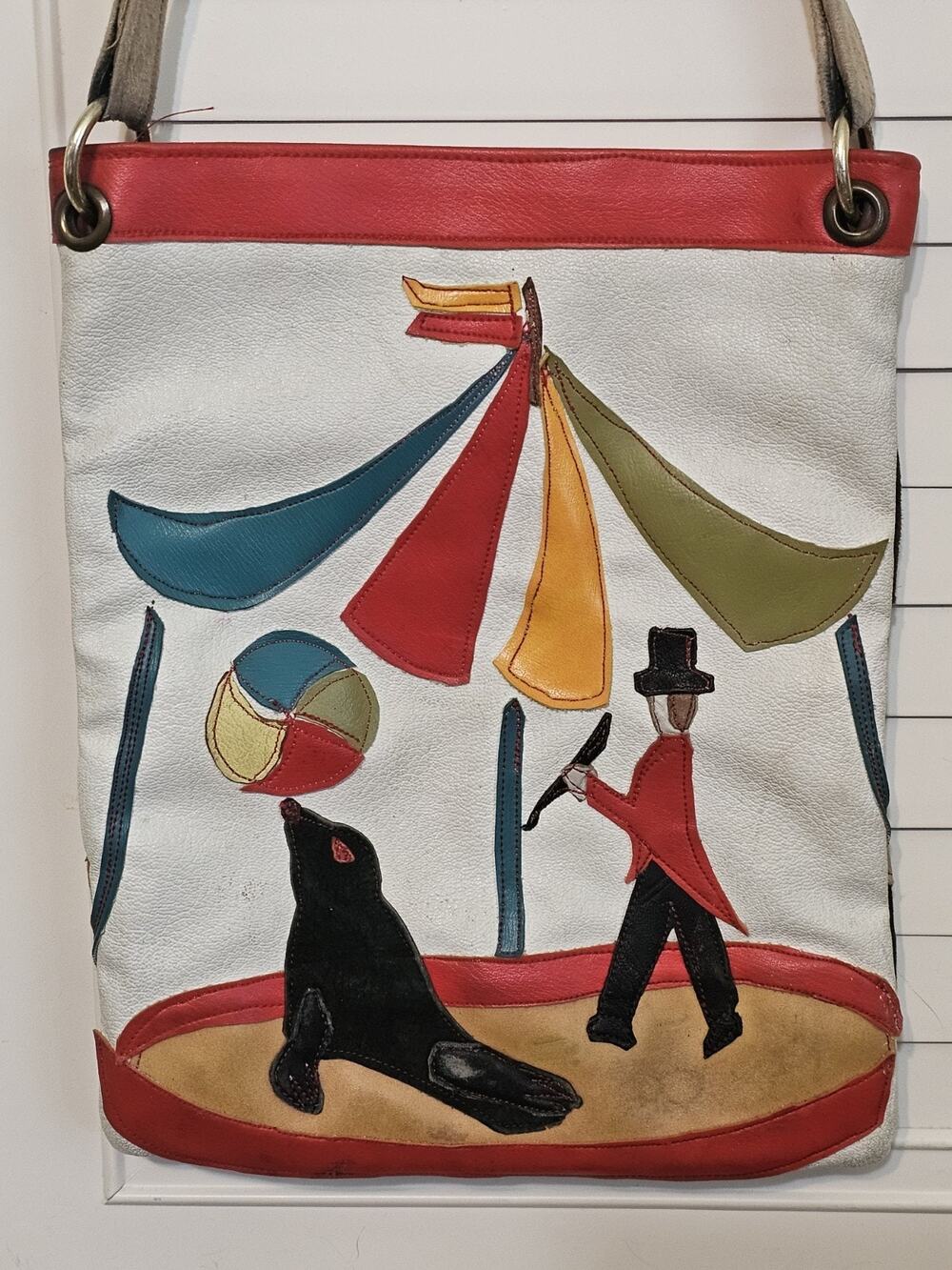 Vintage Circus Leather Shoulder Bag Crossbody Appliqué Ringmaster Seal White